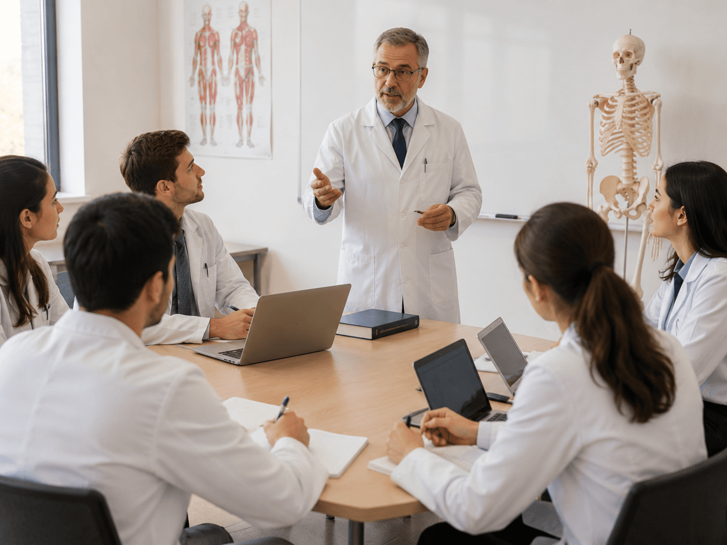 A tutor teaching a small group of medical students around a table