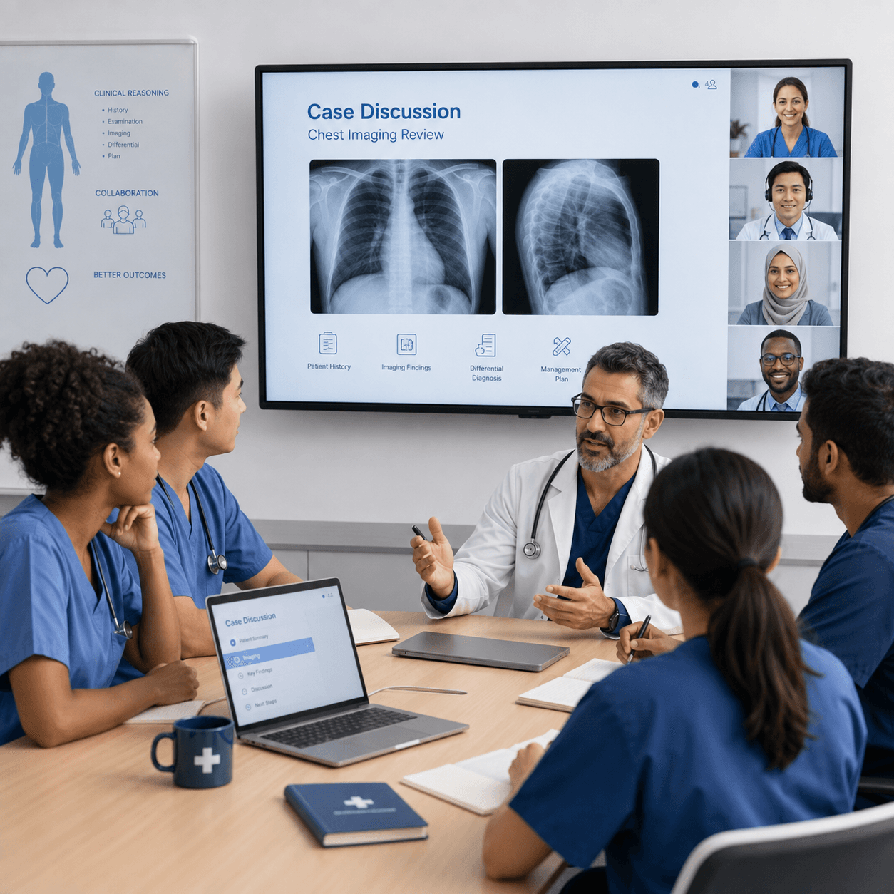 A clinician leading a case discussion with students around a table, chest imaging on the screen behind