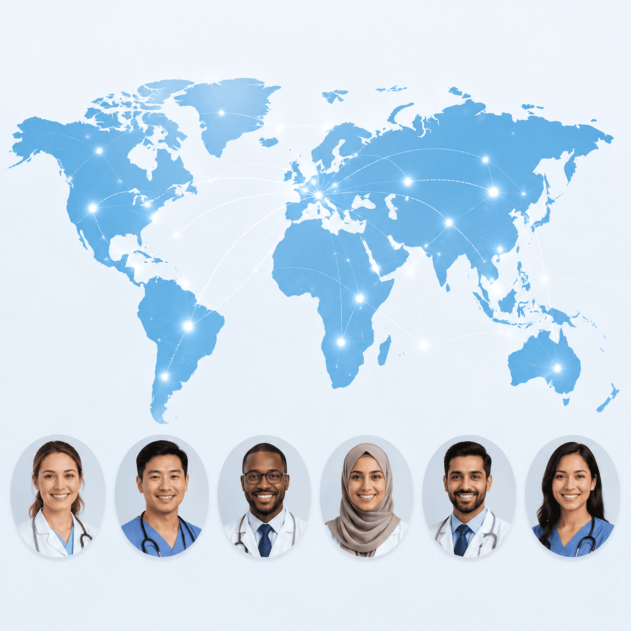 A world map with connections between cities, and portraits of clinicians from around the world