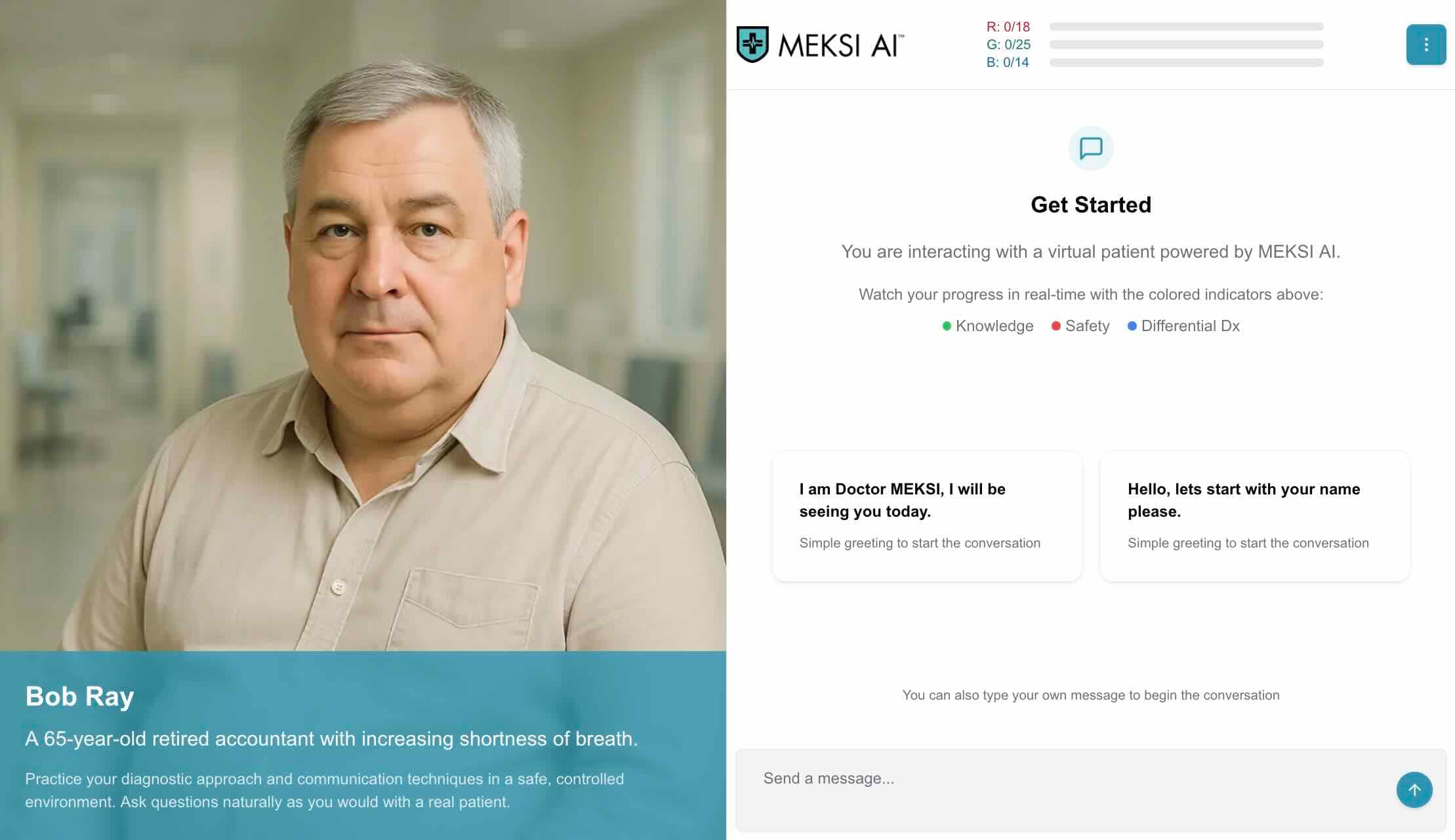A MEKSI consultation with a virtual patient and scoring domains across the top
